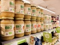 Apple sauce / Compote de pomme in a grocery store of Carrefour, gamme bio Royalty Free Stock Photo