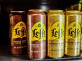 Leffe Blonde and brown belgian beer cans in a grocery store Royalty Free Stock Photo