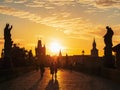 Charles Bridge along is beautiful view of Old Town buildings  in sunrise in Prague Royalty Free Stock Photo