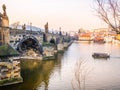 Charles bridge with boat in Prague Czech Republic during morning Royalty Free Stock Photo