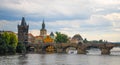 Charles Bridge in the city of Prague KarlÃÂ¯v most on a overcast summer day with tourists crossing Vlatva river/ old Town Bridge Royalty Free Stock Photo