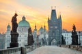 Charles Bridge Karluv Most and Lesser Town Tower scenic view at sunrise, Prague, Czech Republic Royalty Free Stock Photo