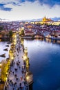 Charles bridge on Moldau river, Lesser town UNESCO, Prague cas