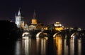 Charles Bridge old city of Czech Republic capital Prague at night reflection of lights in river Royalty Free Stock Photo