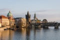 The Charles bridge and the Old Town Bridge Tower at sunset, Prague, Czech Republic Royalty Free Stock Photo