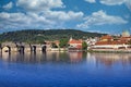 Charles bridge over Vltava river in Prague landscape