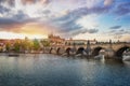 Charles Bridge and Prague Castle Skyline at sunset - Prague, Czech Republic Royalty Free Stock Photo