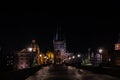 Charles Bridge in Prague is a famous Czech monument, night photo without people