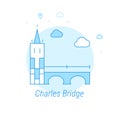 Charles Bridge, Prague Flat Vector Illustration, Icon. Light Blue Monochrome Design. Editable Stroke