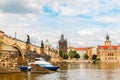 Charles bridge, river Vltava, boat, ship, Prague, Czech Republic Royalty Free Stock Photo