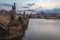 Charles Bridge and St Vitus Cathedral at Sunset Prague Czech Republic Royalty Free Stock Photo