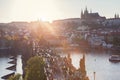 Charles Bridge on Vltava river in Prague, Czech Republic at sunset. Prague Castle Royalty Free Stock Photo