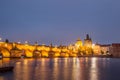 Charles bridge water reflection and old town at night, Prague, Czech republic