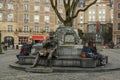 Charles Buls fountain in Rue du marchÃÂ© aux Herbes English: Market Street Herbs. Royalty Free Stock Photo