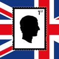 Charles of England silhouette in a stamp frame with United Kingdom flag, vector illustration