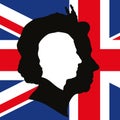 Charles III and Elizabeth II portrait profile silhouette on the british flag