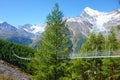 Charles Kuonen suspension bridge in Swiss Alps. With 494 metres, it is the longest suspension bridge in the world. Valais,