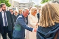 BERLIN, GERMANY - MAY 7, 2019: Charles, Prince of Wales and Camilla, Duchess of Cornwall, in front of Brandenburg Gate