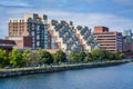 The Charles River and buildings in Cambridge, in Boston, Massachusetts.