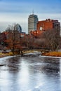 View of frozen Charles River from a Dock by Hatch Memorial Shell in winter, blue sky, Cloudy day, Boston Massachusetts,USA. Royalty Free Stock Photo