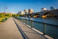 The Charles River and railroad bridge at North Point Park in Boston, Massachusetts. Royalty Free Stock Photo