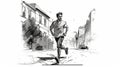 Charles Running In The Streets: A Black And White Sketch