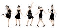 Charleston Party.black dress dancing girls silhouette .Gatsby style set. Group of retro woman dancing charleston.Vintage style. r