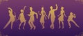 Charleston Party.black suit dancing man and woman gold silhouette .Gatsby style set. Group of retro man dancing charleston.Vintage