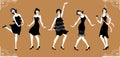 Charleston Party. Flat gatsby style set. Group of retro woman dancing charleston. Vintage style. retro silhouette dancer. 1920