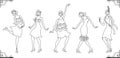 Charleston Party.Pattern gatsby style set. Group of retro woman dancing charleston.Vintage style. retro silhouette dancer.1920