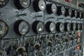 Charleston, SC, USA - October 26, 2023, analog complex gauges on the uss yorktown aircraft carrier Royalty Free Stock Photo