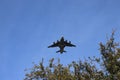 Charleston South Carolina January 23 2018 Boeing C17 Air Force Cargo Plane flying low to the ground and over tree while coming in Royalty Free Stock Photo