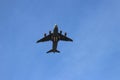 Charleston South Carolina, January 23, 2018 - Bottom of Boeing C-17 Air Force cargo plane in the blue sky Royalty Free Stock Photo