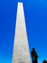Charlestown, Boston, Massachusetts, USA - July 08 2018. Bunker Hill Monument with Colonel William Prescott statue Royalty Free Stock Photo