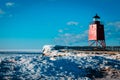 Charlevoix, MI /USA - March 3rd 2018: Charlevoix Michigans South Pier Lighthouse frozen over