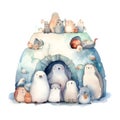 charm of the Arctic with Watercolor Penguin and Igloo. Delight in the adorable penguins as they frolic amidst the icy landscape, Royalty Free Stock Photo