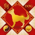 Charm with Chinese Zodiac Dog, Earth Element and Yang Symbol, Vector Illustration