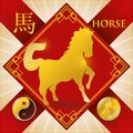 Charm with Chinese Zodiac Horse, Fire Element and Yang Symbol, Vector Illustration