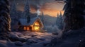 A cozy winter cabin nestled in a snowy forest. Smoke curls from the chimney,