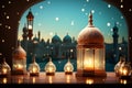 Charm of Eid Al Fitr Lantern, mosque silhouette, window concept