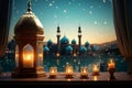 Charm of Eid Al Fitr Lantern, mosque silhouette, window concept