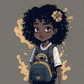 Charming Adventures: An Adorable Tan Girl with Curly-Silky Hair and a Backpack in a Detailed Cartoon Illustration