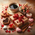 Gift Box, Coffee, and Hearts Create a Cozy Valentines Day Breakfast Atmosphere. Generative ai for illustrations