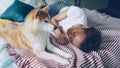 Charming African American lady is sleeping on wooden bed with modern linen while her cute loyal dog is lying beside her Royalty Free Stock Photo