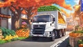 a truck transports crops and bountiful crops in anime style