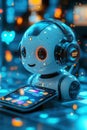 A charming AI robot interacts with technology in a vibrant futuristic setting Royalty Free Stock Photo
