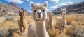 Charming alpacas leisurely grazing on vibrant green grass in a serene mountain pasture