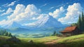 Charming Anime Art: Mount Kosciuszko Cabin In Idyllic Rural Scene