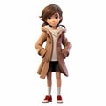 Charming Anime Cartoon Girl In Tan Coat - 3d Render