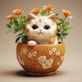 Charming Anime Cat In Ceramic Flowerpot - Hyper-detailed Zbrush Renderings